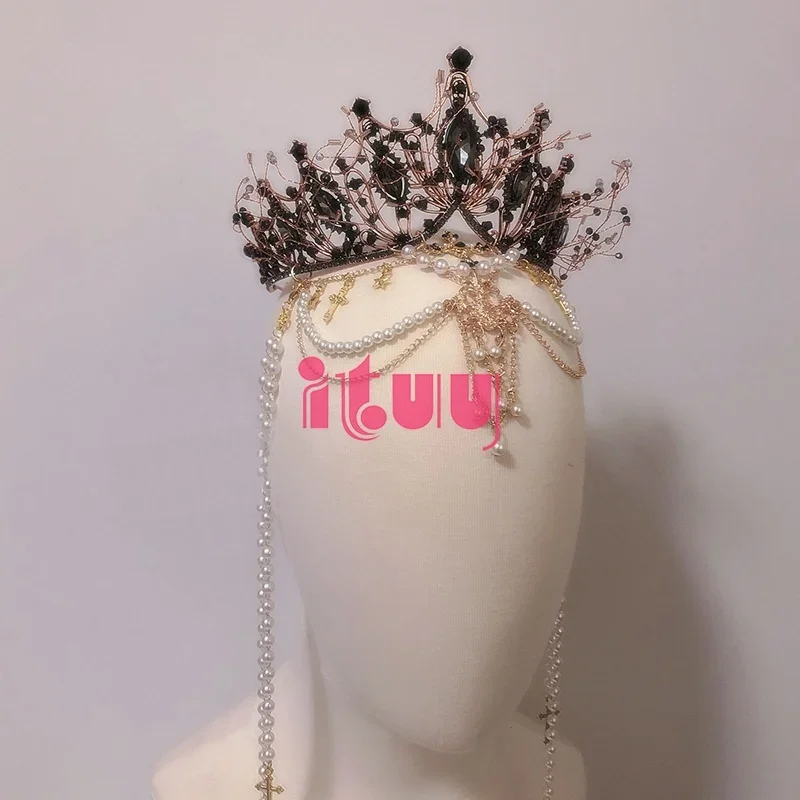 Couronne gothique Halo Lolita, magnifique soleil, chaîne de perles de la vierge marie, couronne Halo noire, couvre-chef d'halloween, accessoires pour cheveux