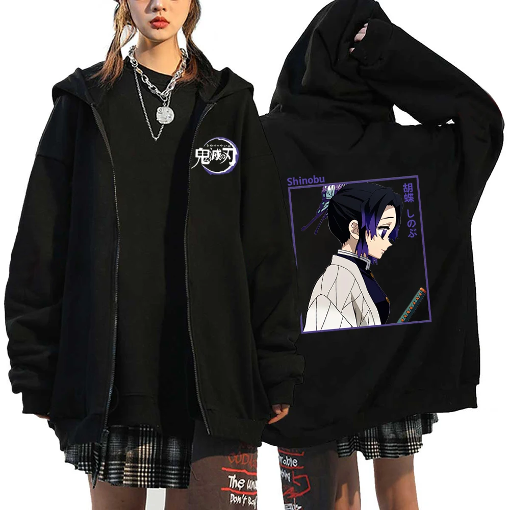 Hot Anime Demon Slayer Women Zip Hoodie Kochou Shinobu Plus SIze Sweatshirt Harajuku Zip Up Jacket Y2k Female Fashion Pullover