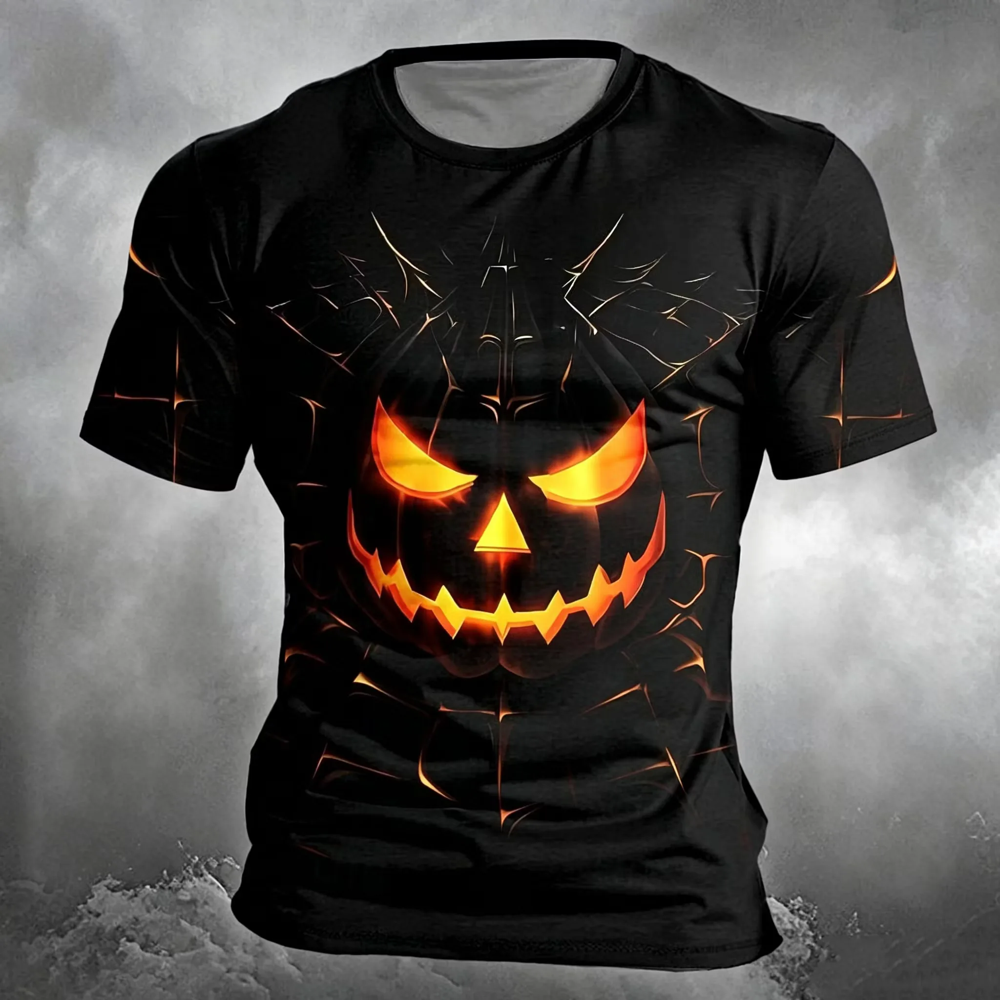 Men Glowing Jack‑o‑Lantern Pumpkin Print T‑Shirt Halloween Scary Face Crack Effect O‑Neck Short Sleeve Streetwear Tee Tops