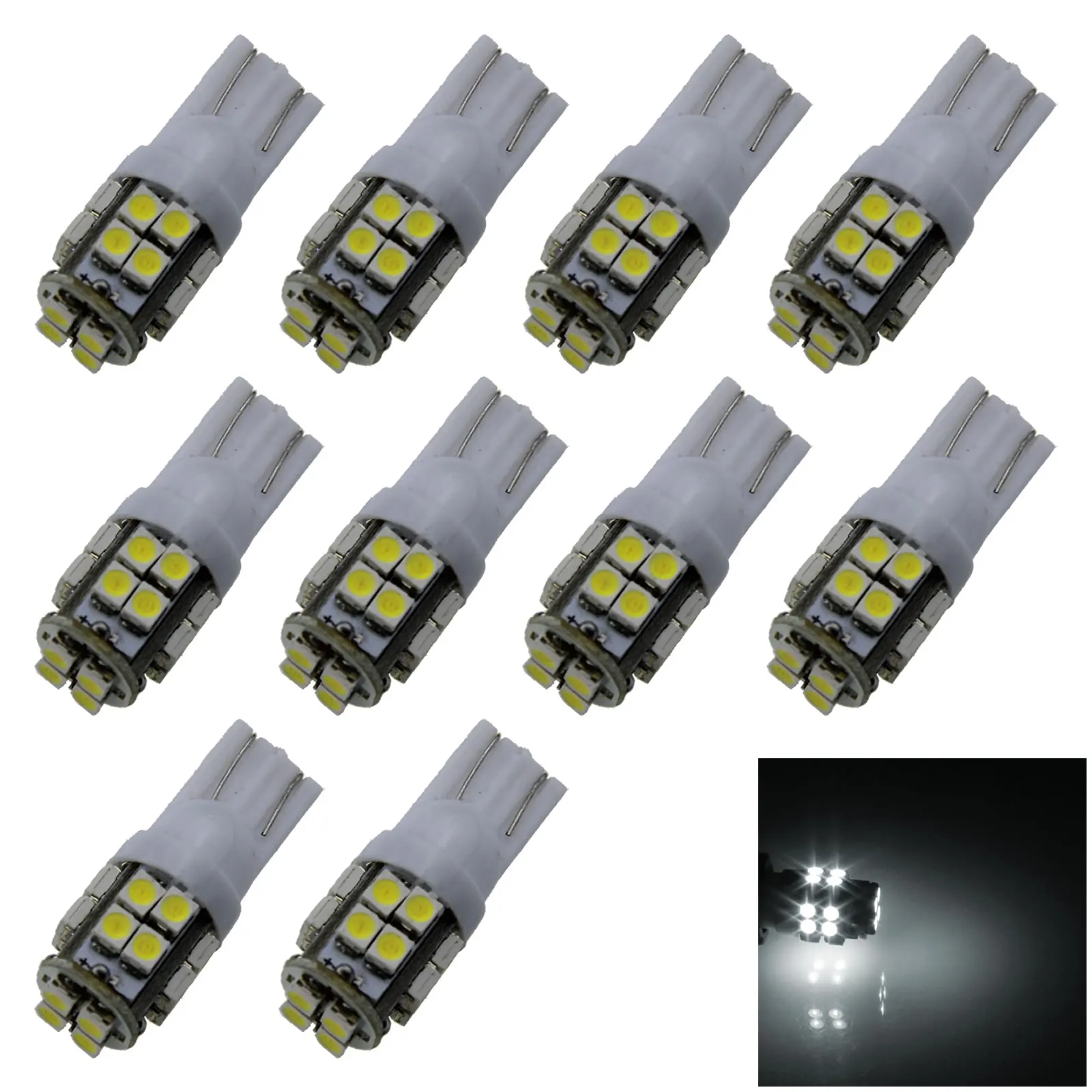 10x White Auto T10 W5W Interior (Map/Dome) Light 20 Emitters 3528 SMD LED 280 285 447 A029-W