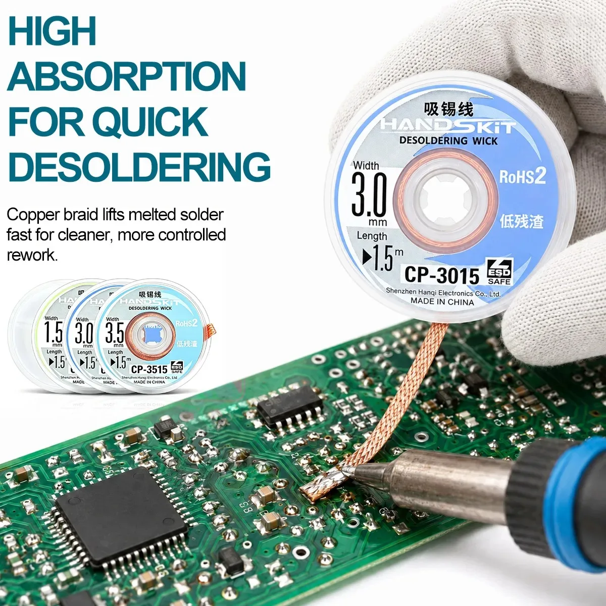 3PCS 1.5-3.5mm Wide Range Portable Roll Desoldering Wick Tape, Solder Remover Braid for DIY Electronic Soldering Repair