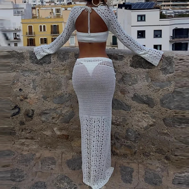 2025 Club Outfit Two Piece Long Sleeve Blouse Top&Long Skirts Suit Crochet Beach Cover Ups Women Knit Hollow Out Temperament Set
