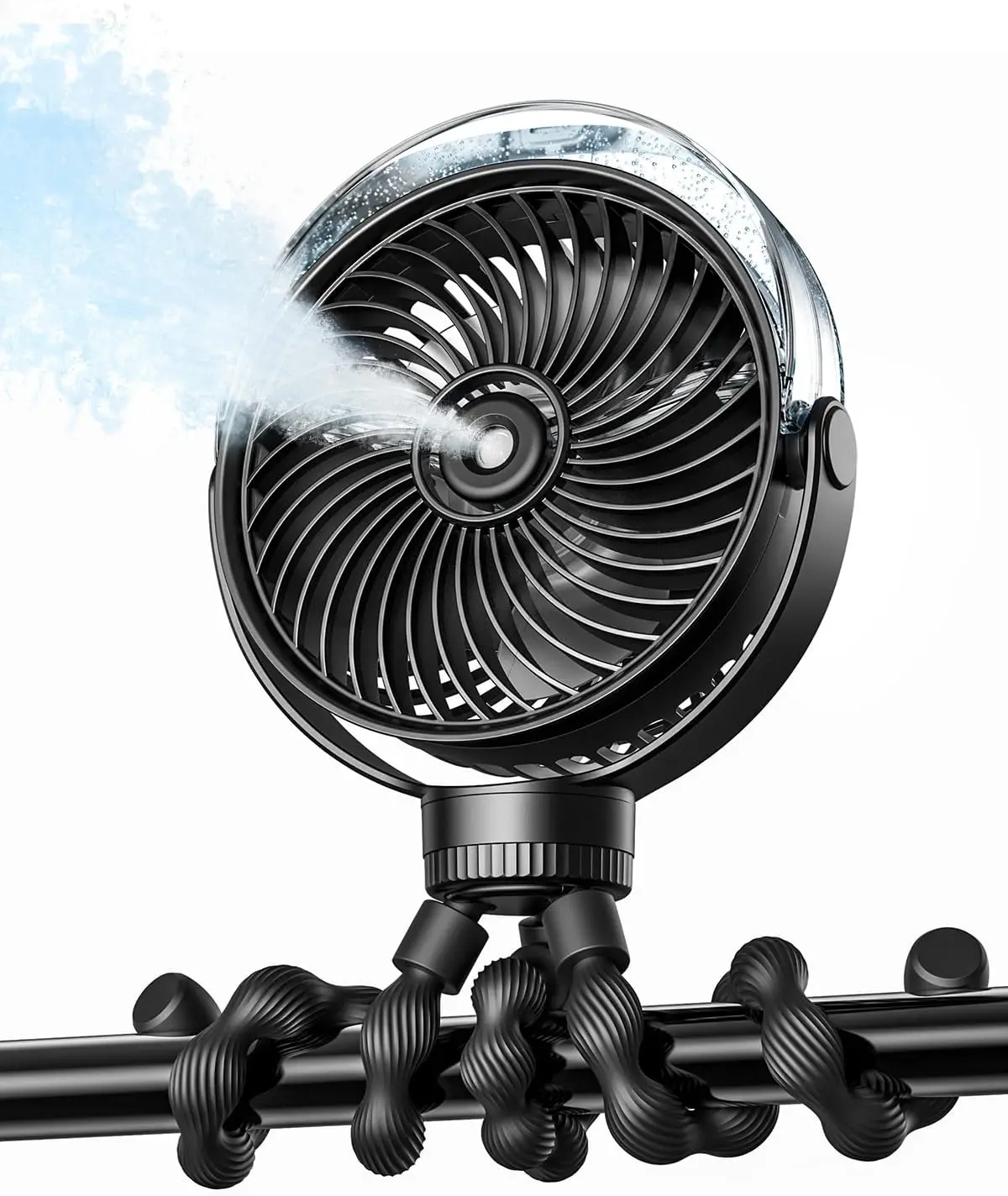 

Portable Misting Stroller Fan with Spray Cooling, 4 Speeds, Quiet Rechargeable for Travel, Outdoor, Baby Use (Black)