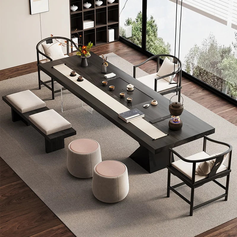 Light luxury solid wood boss office tea table New Chinese home living room tea table Modern simple black tea table and chairs