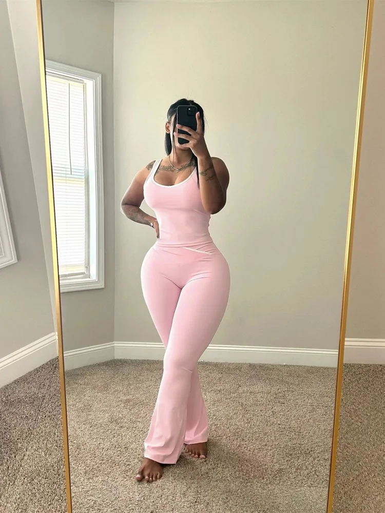 

Three Sisters Summer New Solid Color Sleeveless Slim Cross Flare Pants Fitness Running Yoga Pants Casual Comfort Two Piece Set