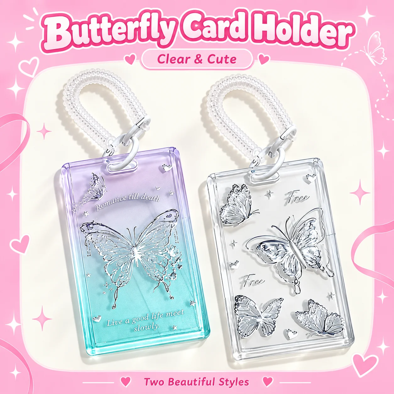 Clear Butterfly Card Holder Sliding Cover Hard PS ID Badge Case for Student ID Bank Cards Photocard Protector
