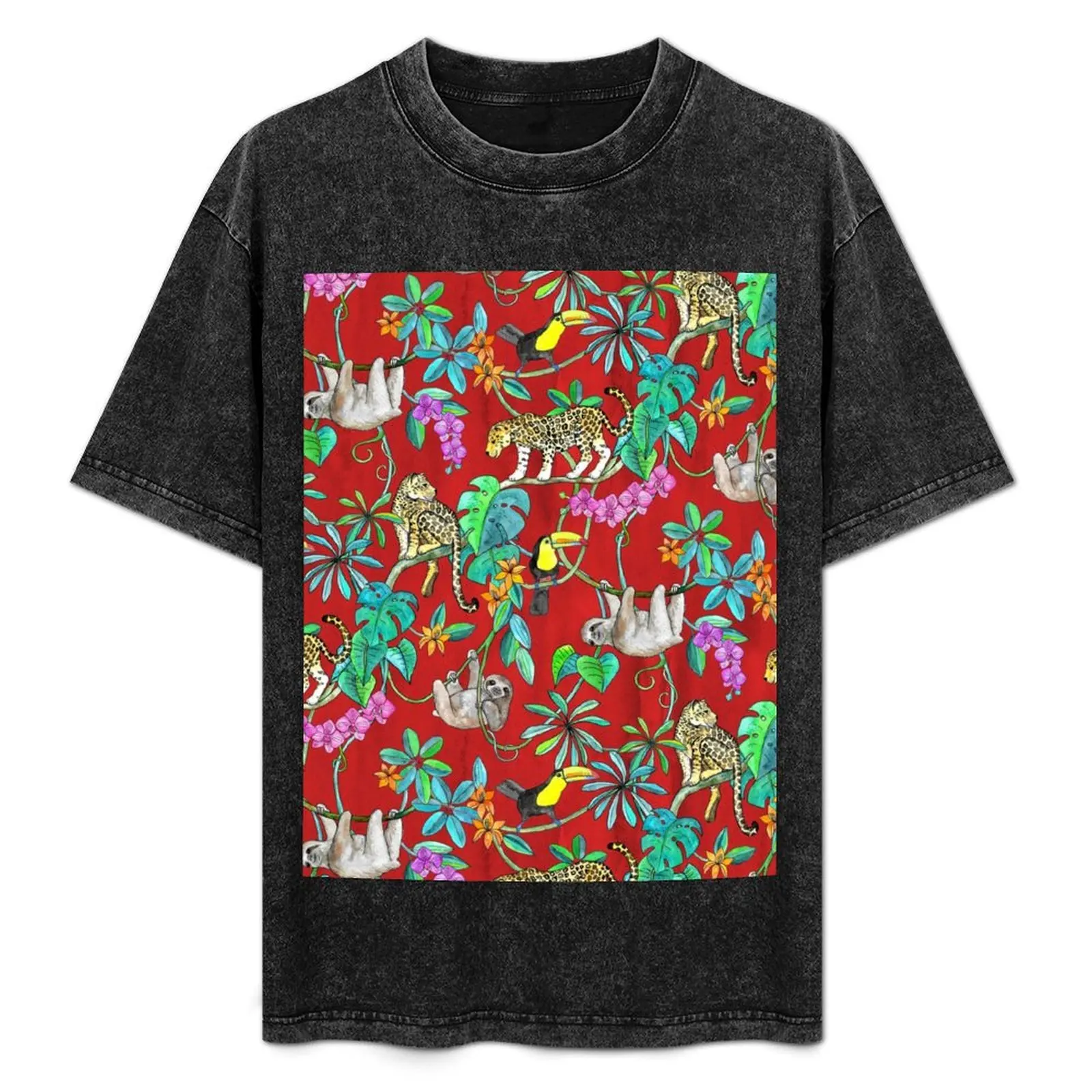 Rainforest Friends - Camiseta deportiva con estampado de animales en acuarela sobre tela texturizada roja que absorbe el sudor