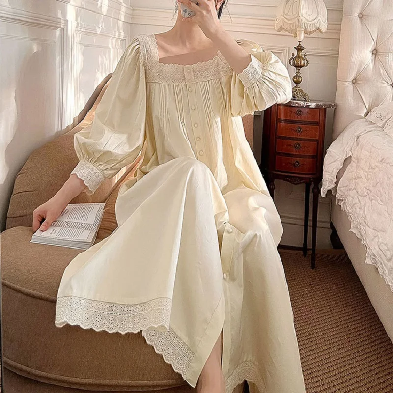 Vintage Embroidery Cotton Long Nightgowns For Lady Long Sleevec Elegant Cardigan Nightshirts Spring Autumn Comfortable Nigtwear