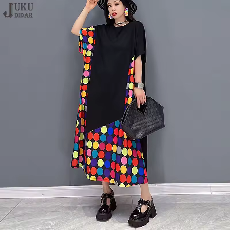 New Summer Korean Style Woman Short-Sleeve Black Dress Polka Dots Printed Loose Fit Chic Big Size Casual Wear Dress Robe JJXD751