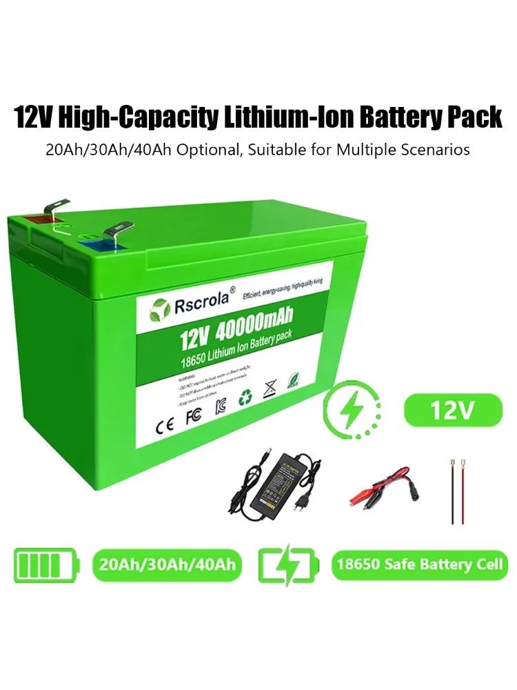 12 V 18650 wiederaufladbarer Li-Ionen-Akku mit großer Kappe (20/30/40 Ah) + Ladegerät – passend für Sprühgeräte, Agri, Solar, Kinderspielzeugautos, Waage