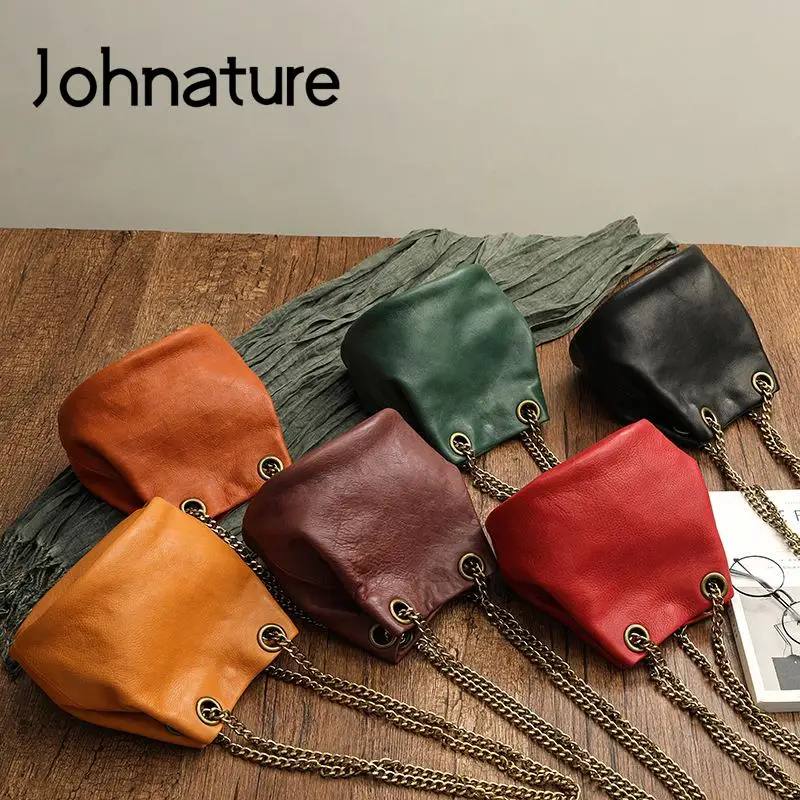 Johnature Simple Women Bucket Bag Genuine Leather 2024 New Vintage Nature Soft Cowhide Chain Shoulder & Crossbody Bags