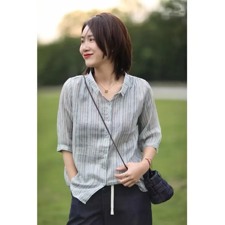 

Retro Hong Kong Sle Vertical Stripes Cotton Linen Women's Loose Casual Slimming Sun Protection Top Summer Thin ort Sve...