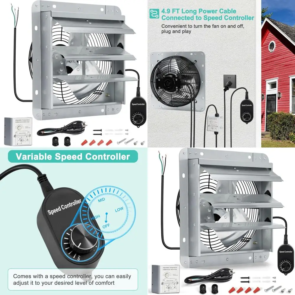 

10 Inch Wall-Mounted Shutter Exhaust Fan with Thermostat and Speed Control for Ventilating Greenhouses, Sheds, Garages, Chicken