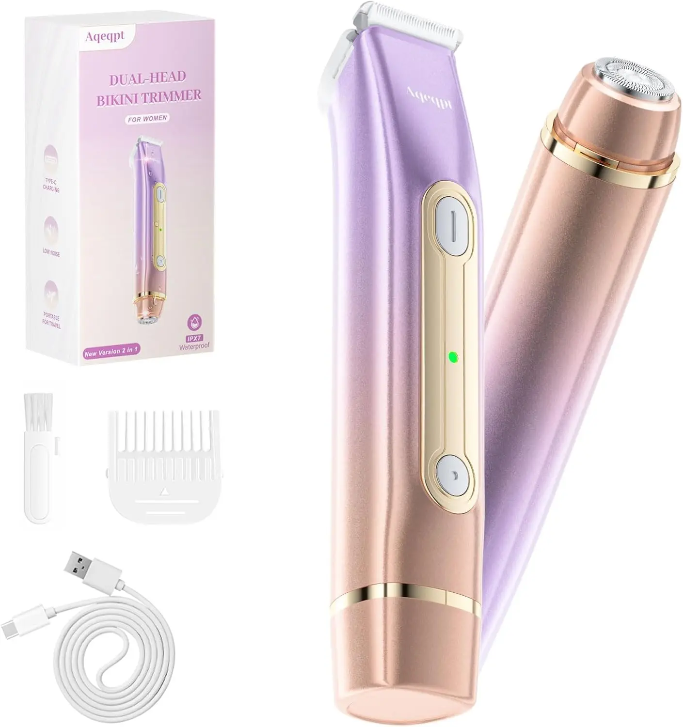 

Electric Bikini Trimmer for Women, Dual-Head Rechargeable Shaver, IPX7 Waterproof Painless Hair Removal for Body & Face