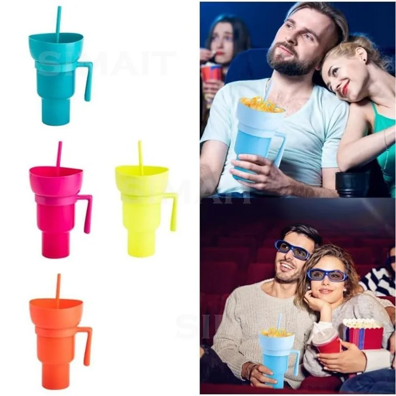 Multifunctional Two-in-one, Popcorn Snack Drink Combination Cup, Straw with Handle.