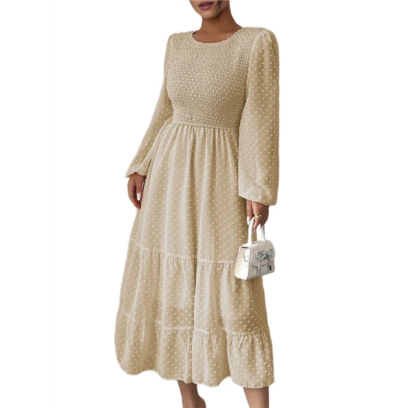 ABRT-robes d'automne pour femmes, manches longues, col rond, taille à pois, en mousseline de soie, à volants, robes mi-longues smockées