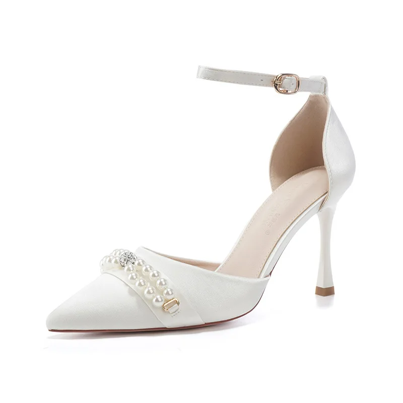 Size 31-43 White Wedding Shoes Female Bride Pearls High Heel Pregnant Women Engagement Hollow Pumps