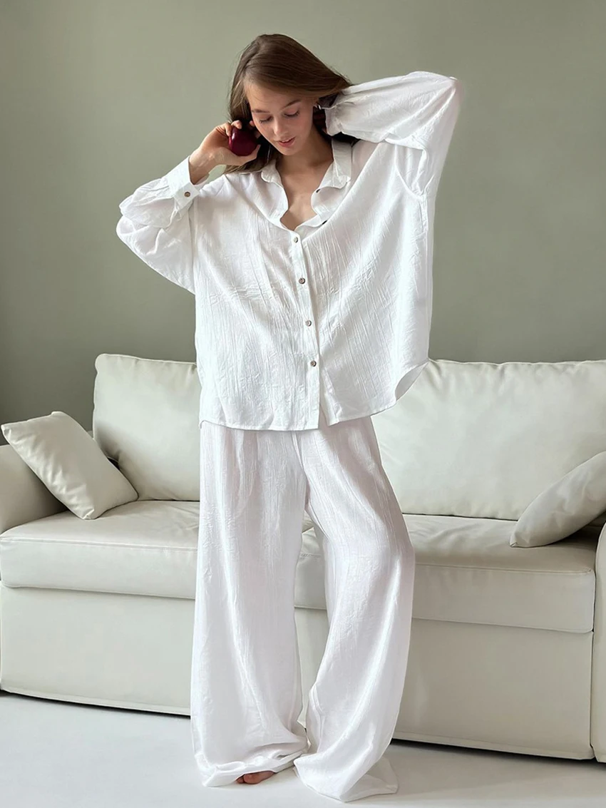 

Marthaqiqi: Комплект свободных женских ночных сорочек с длинными рукавами, пижама с отложным воротником, повседневные женские пижамы, комплект из 2 предметов