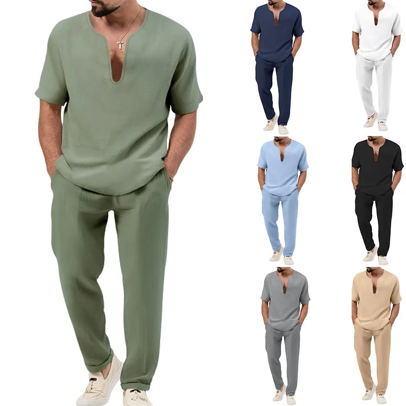 

2023 Summer Leisure Solid Color Two Piece Suits for Men Short Sleeve V Neck Tops and Pants Set Beach Style Casual Men's Clothing