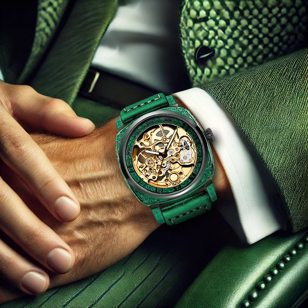 Front view of watch face showing gold skeleton design