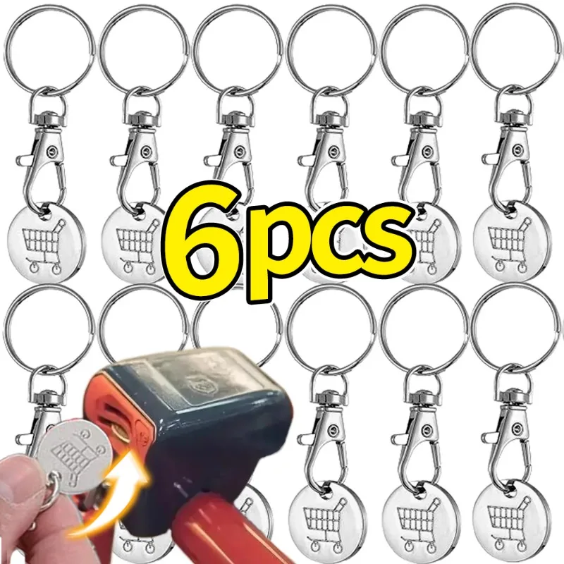 1/6Pcs Shopping Cart Tokens Keychains Trolley Tokens Universal Small Portable Key Ring Ornament Metal Stainless Steel Decoration