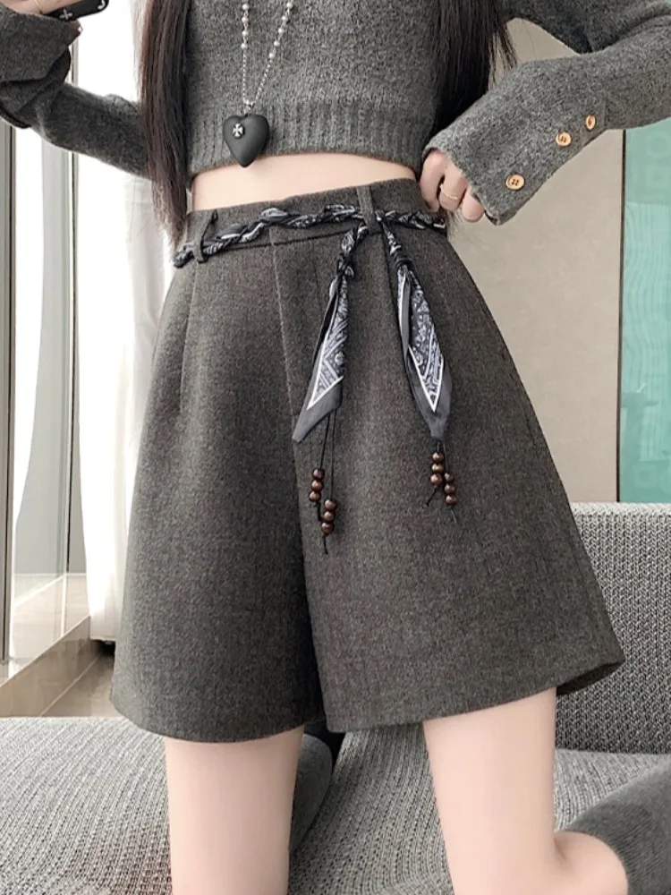 Deep ey Thi Pantaloni invernali da donna a cinque quarti in lana a vita alta a gamba larga Pantaloni casual con cerniera a gamba dritta comodi