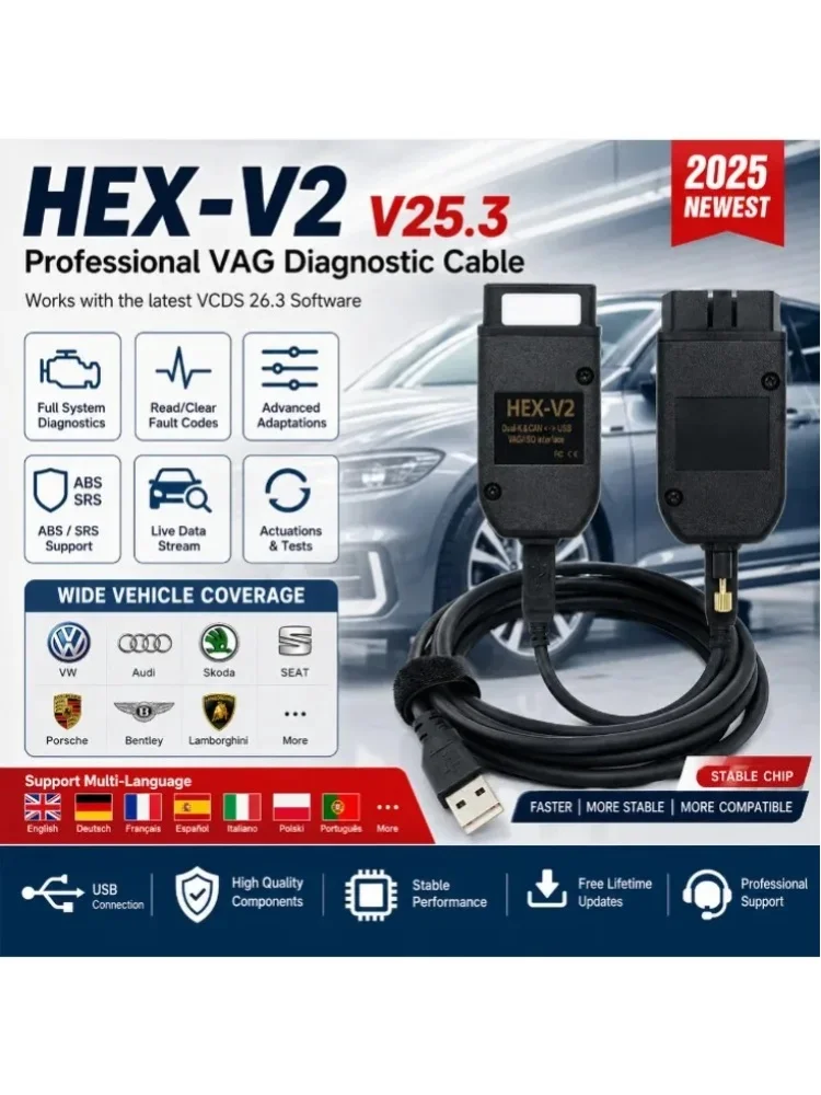 Najnowszy skaner VCDS 25.3 HEX V2 OBD2 z 2026 roku, wielojęzyczny, do diagnostyki samochodów VAG VW Audi Skoda Seat, narzędzie diagnostyczne z interfejsem USB i kablem COM. — 2