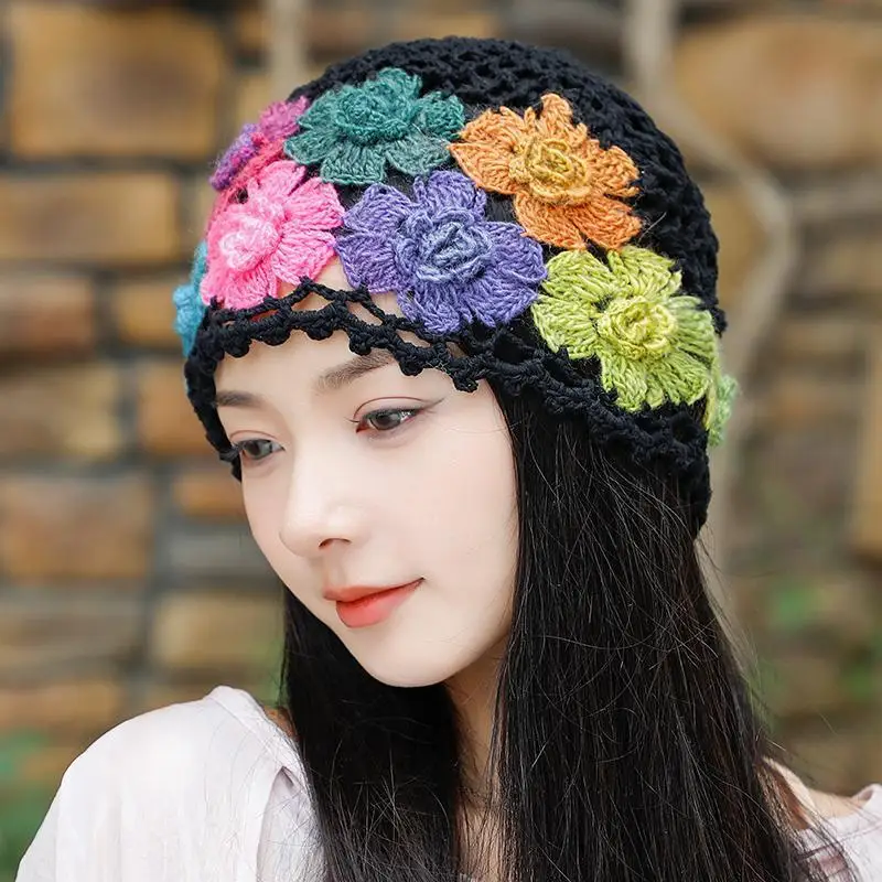 Gorro de malha à mão para mulheres, chapéu de cabeça oco, literário e artístico, flor colorida, moda doce, japonês, primavera, verão