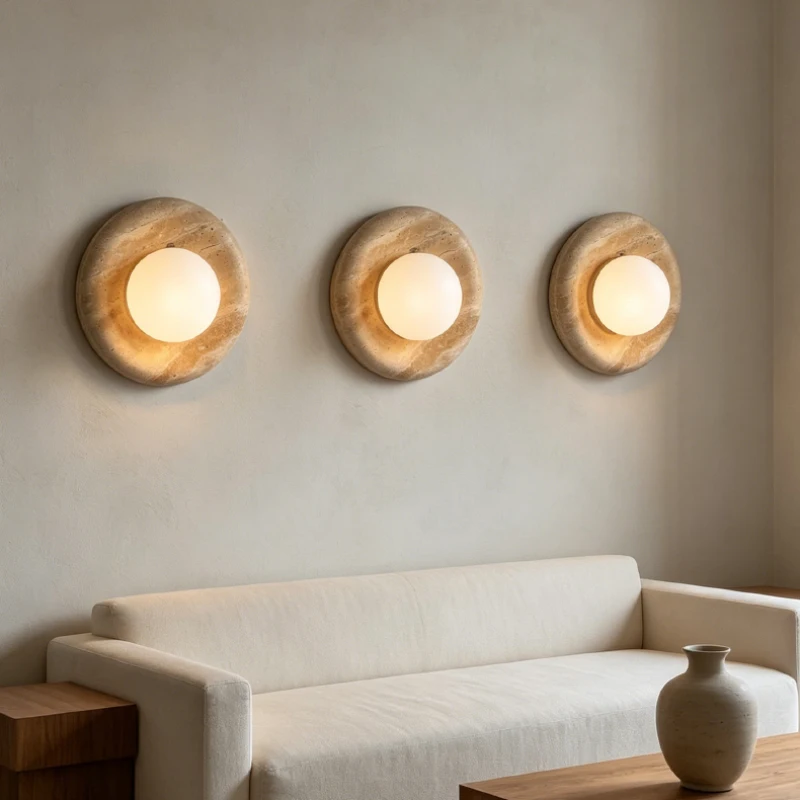 Vintage Round Natural Stone Home Decor Sconce LED Room Wall Light For Bedroom Villa Living Room Lighting Fixtures
