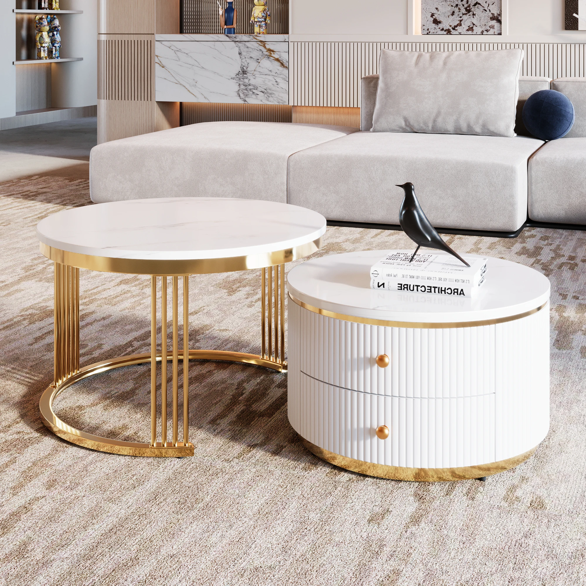 

//Modern 2 Pieces White Round Nesting Coffee Table With Drawers