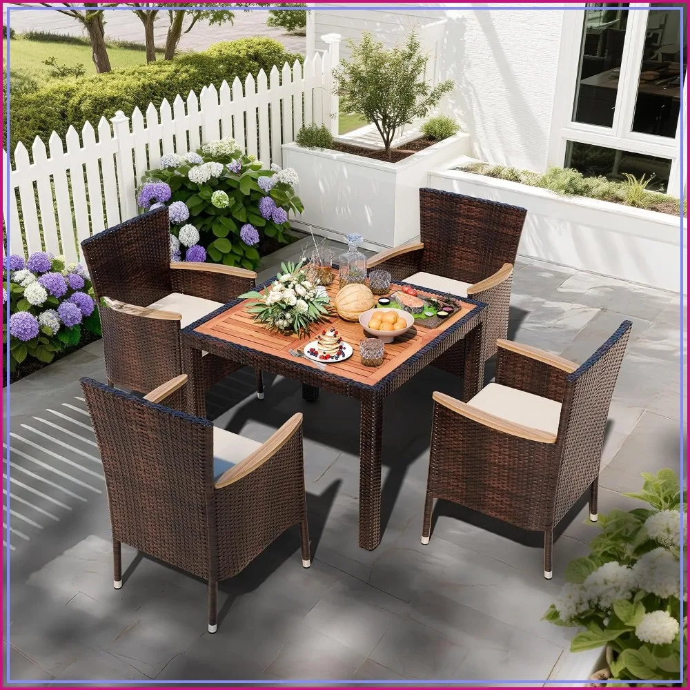 5 PCS Wicker, Wood, Brown Patio Dining Set Outdoor Table and Chairs with Soft Cushions