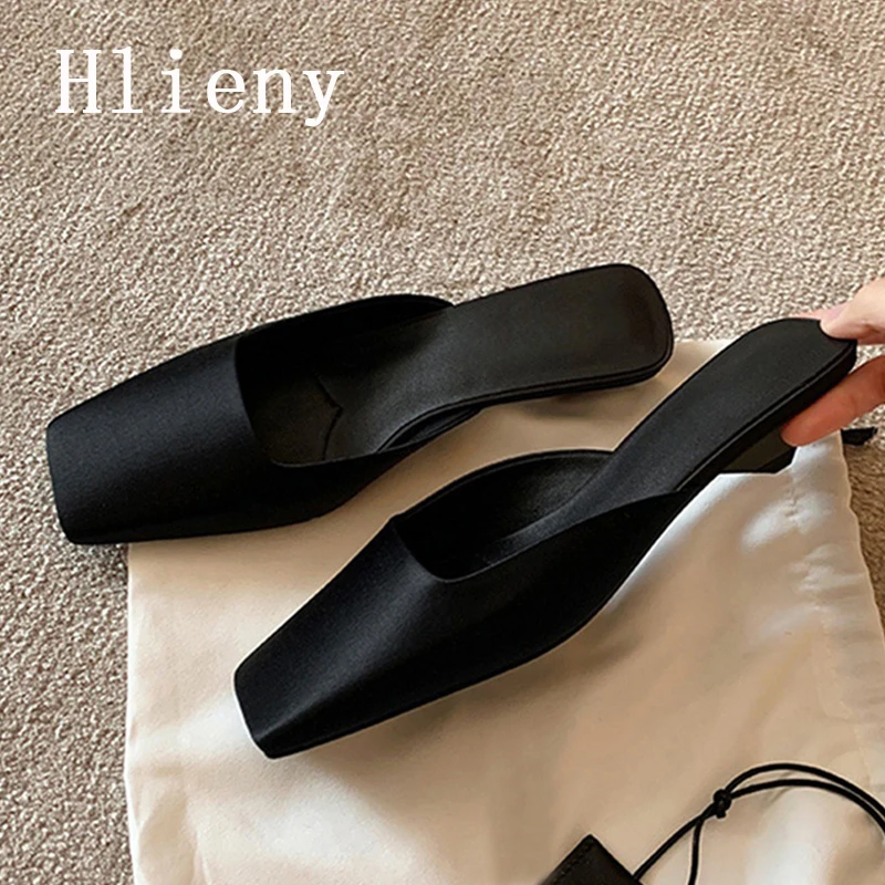 

Hlieny High Quality Satin Sandals Women Summer Sexy Square Toe Strange Low Heels Pumps Elegant Design Mule Slippers Woman Shoes