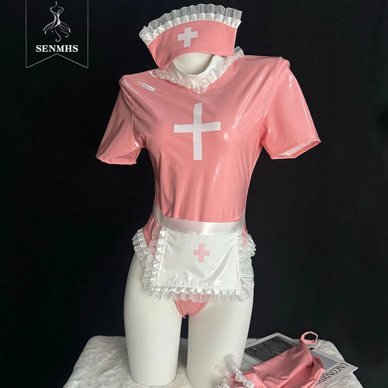 

SENMHS Original Women's Temptation Nurse Cosplay Uniform Sexy Pink Patent Leather Cross Pattern Bodysuit with Gloves Hat Apron