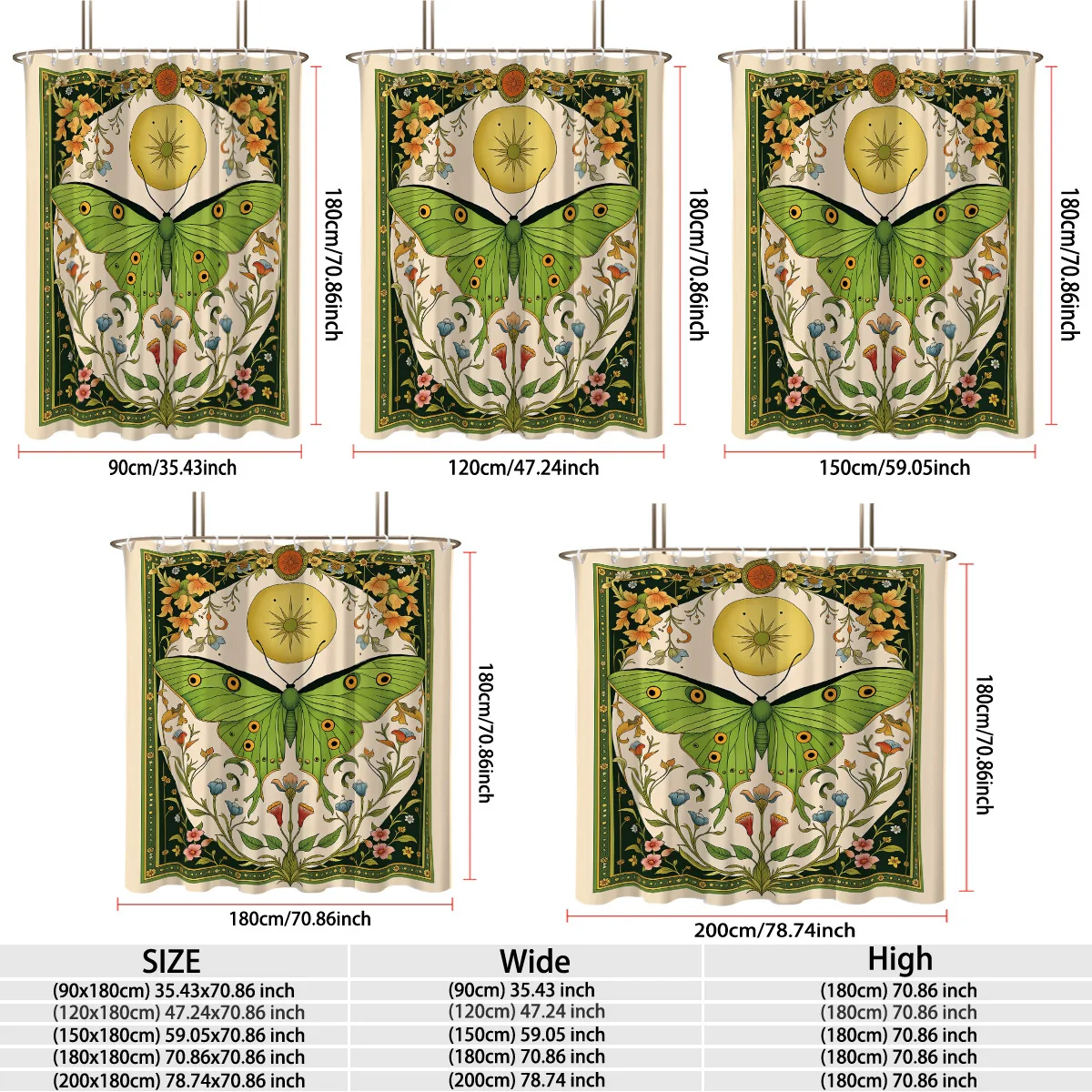 Boho Mystical Green Moon Moth With Sun Symbol Ornate Wild Floral Border Bath curtain Soft Warm  for Bedroom