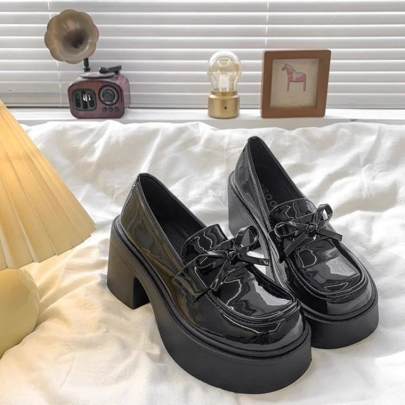 Spring Autumn Bow Platform Loafers, Japanese JK Academy Vintage Height Increasing Slip-On Chunky Platform Student Commuter Shoes