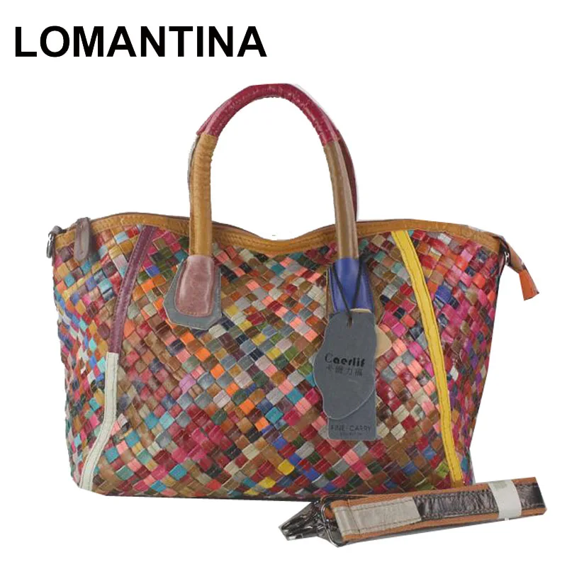 LOMANTINA Newest Women\'s Genuine Leather Woven Handbag Luxury Colors Shoulder Bags Big Ladies Purse Storage Shopping Tote Bag