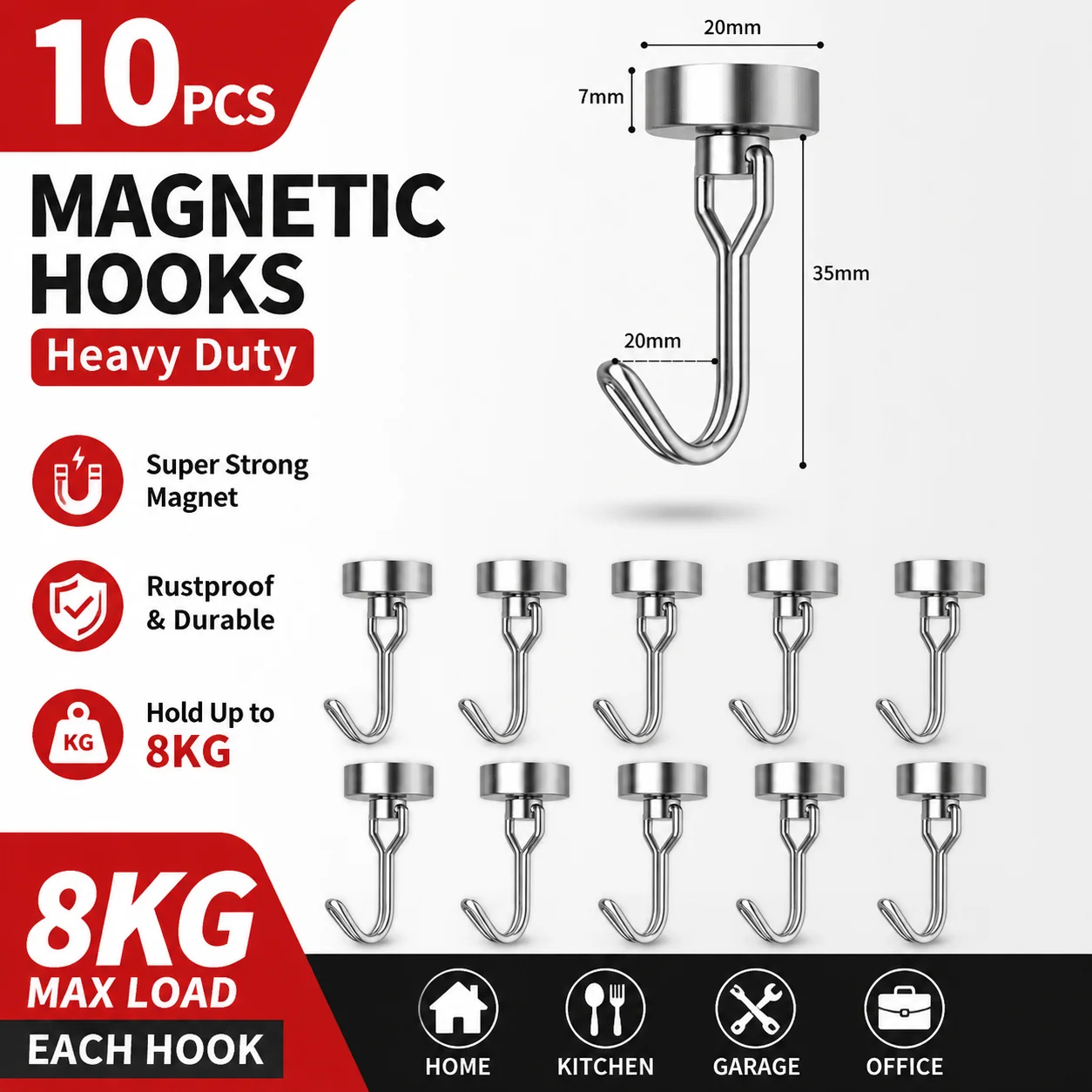 Strong 360 Rotating Magnetic Hook Round Neodymium No Drilling Multi Purpose Kitchen Fridge Office Garage Heavy Duty