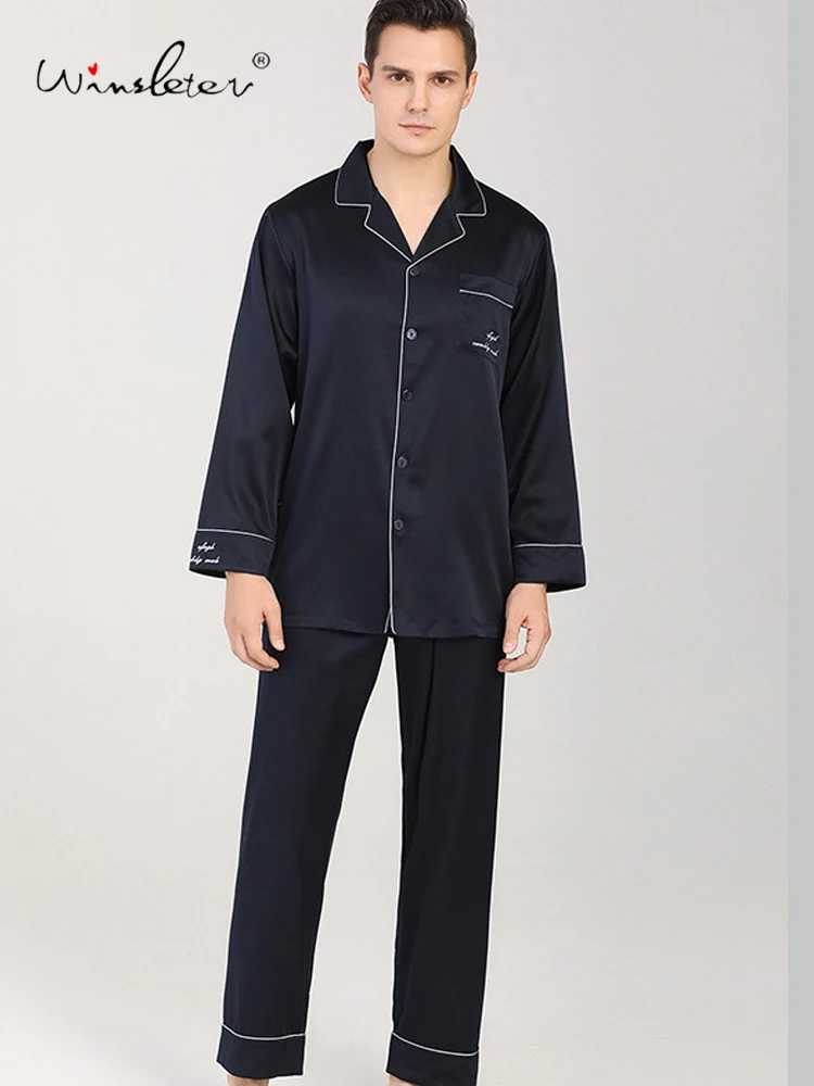 Winsleter-22 MM 92%Silk Men Pajama Set, Long Sleeve Embroidery, Comfortable Luxurious Sleep Homewear,2025 Autumn Winter S59031CC