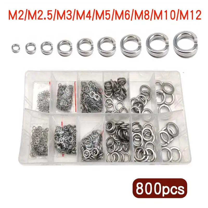 

800pcs 304 Stainless Steel Spring Split Lock Washer Elastic Gasket M2 M2.5 M3 M4 M5 M6 M8 M10 M12 Spring Washers Assortment Set