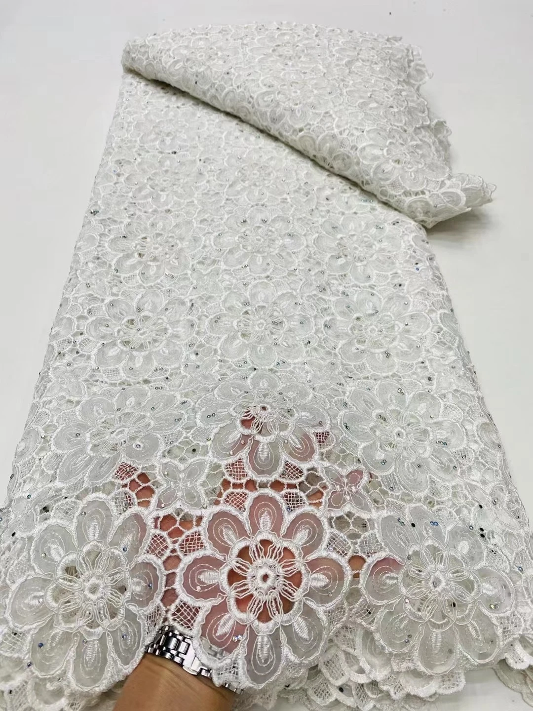 

2025 African Nigerian High-Quality Tulle Lace Fabric Cotton Embroidery Guipure 5 Yards for Prom Dresses Sewing Damask DP0374