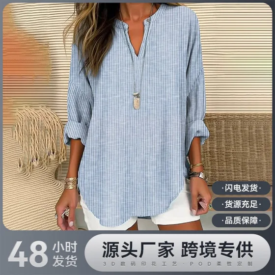 

2025 Women's Summer Small V-neck Long-sleeved Floral Simple Casual Temperament T-shirt Long-sleeved