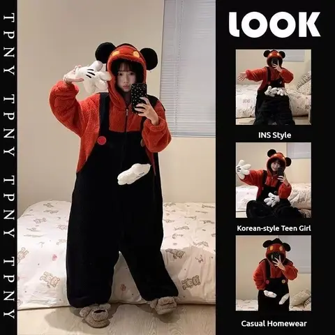 Thickened Coral Fleece Mickey Onesie Sleepwear Women's Winter Padded Hooded Integrated Home Clothes Adorable Cartoon Periphery