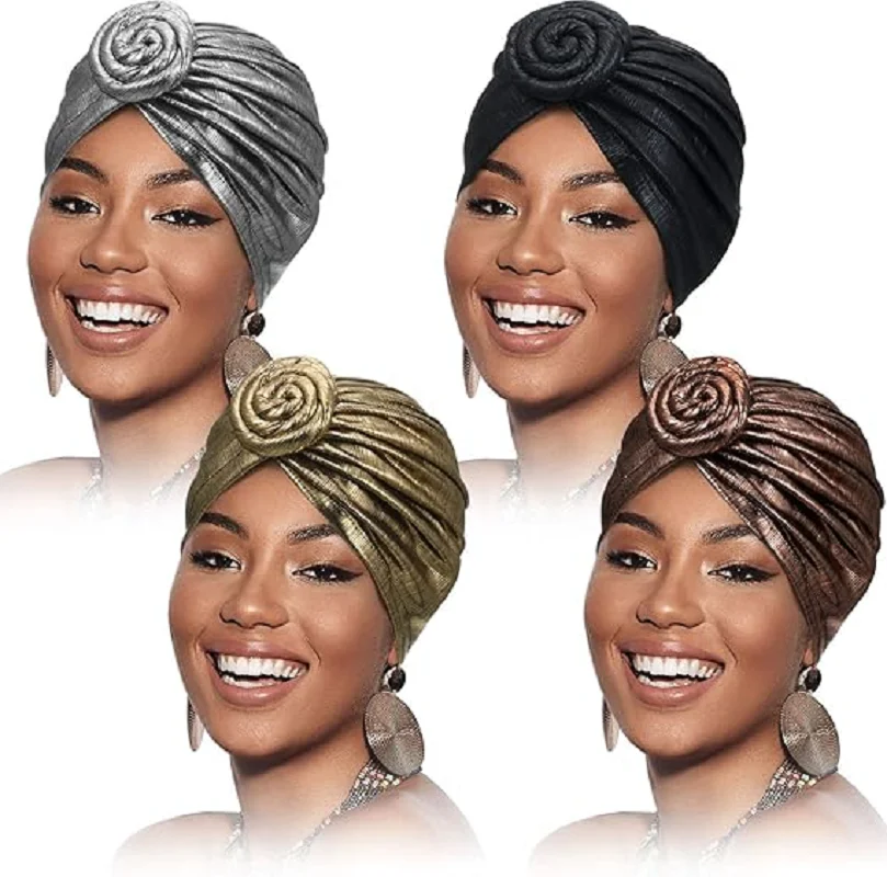 New Women Metallic Crinkle Turban African Stretch Headwraps Hats Pre-Tied Bonnet Turban Knot Hijab Beanie Cap Headwrap Hat