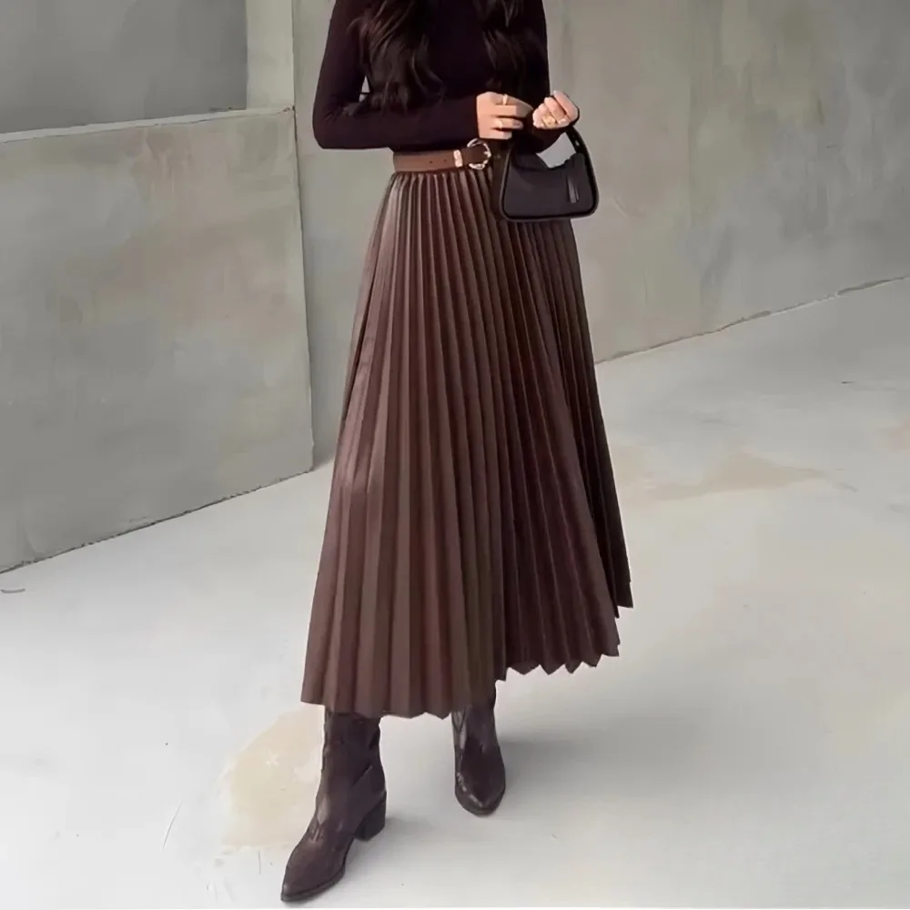 KONDALA ヴィンテージカジュアルプリーツロングスカート女性ハイウエストプリーツロングサテンスカートファッション 2025 春夏エレガントスカート