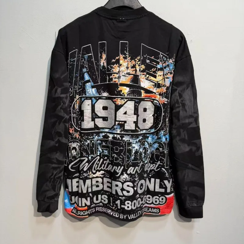 VALLEY Light Luxury Spray Monkey Wash Distressed Rhinestone Ripped INS Commuter Long Sleeve T-Shirt Casual Unisex Top
