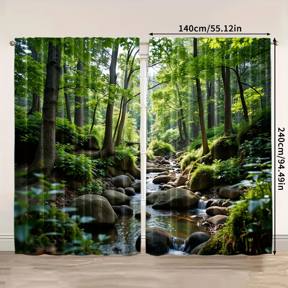 2pcs Forest Stream Curtains Green Trees River Nature Print Drape Living Room Window Treatment Scenic Landscape Home Decor