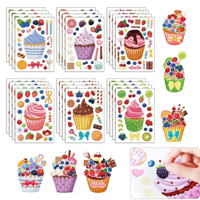 Zrób babeczki Arkusze naklejek dla dzieci Słodkie Stwórz własną babeczkę DIY Puzzle Naklejki Dzieci Prezenty urodzinowe Naklejki imprezowe M