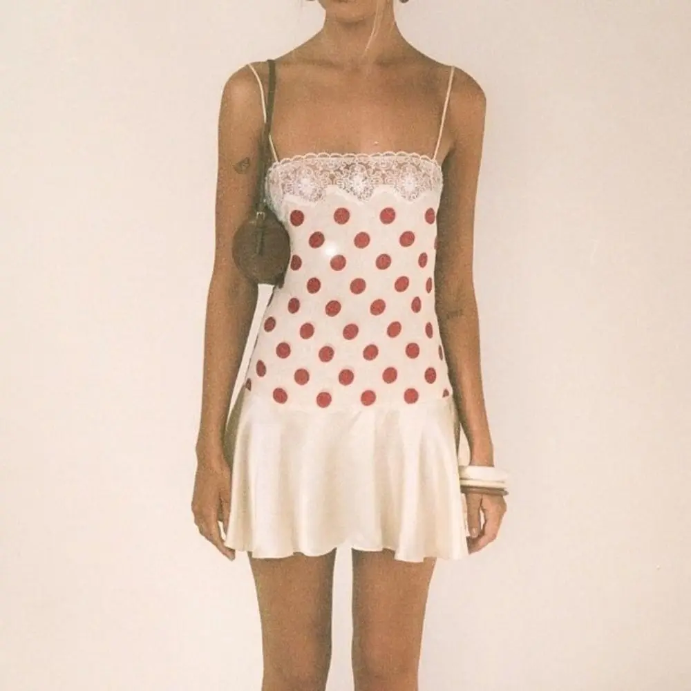 

Sexy Lace Trim Women Polka Dot Dress Sleeveless Backless Satin Dress Ruffle Hem Slim Fit Bodycon Dress Summer Wear