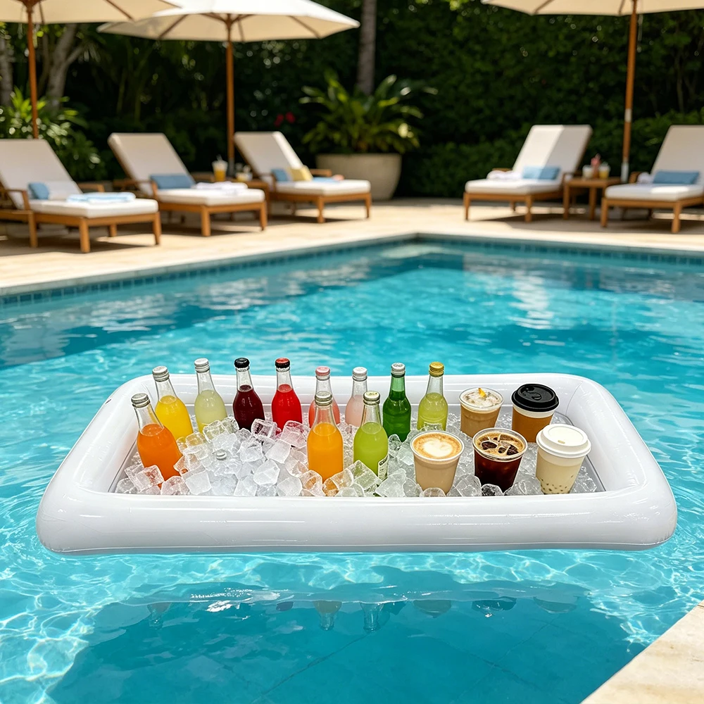 1pc Inflatable PVC Ice Serving Tray Cooler with Drain Plug Floating Durable Drink Chiller for Picnic Pool Party Supplies