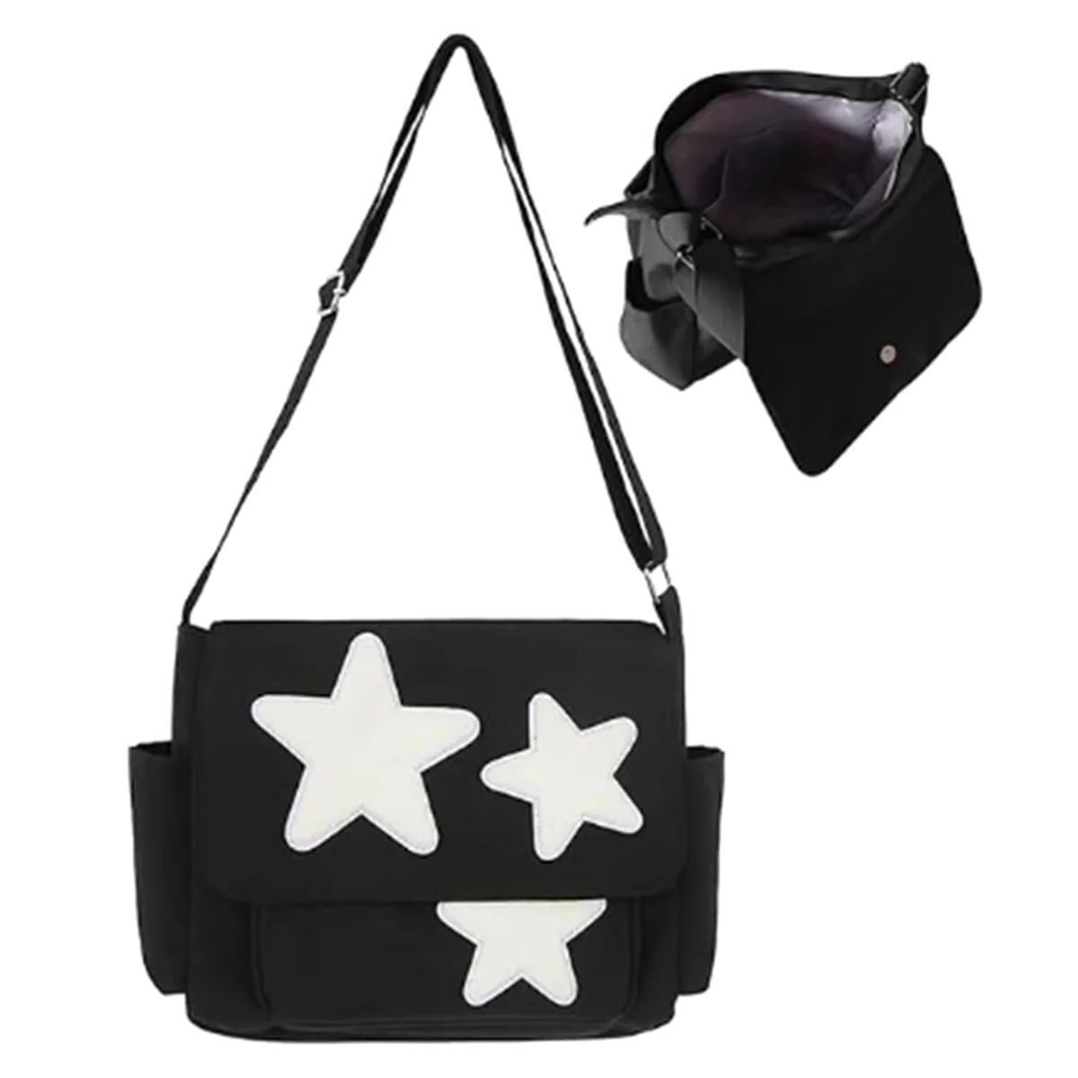حقيبة ABQR للنساء بتصميم نجمة حقيبة ساعي لطيفة قابلة للتعديل مع جيوب جانبية وحقائب كتف بسحاب باللون الأسود